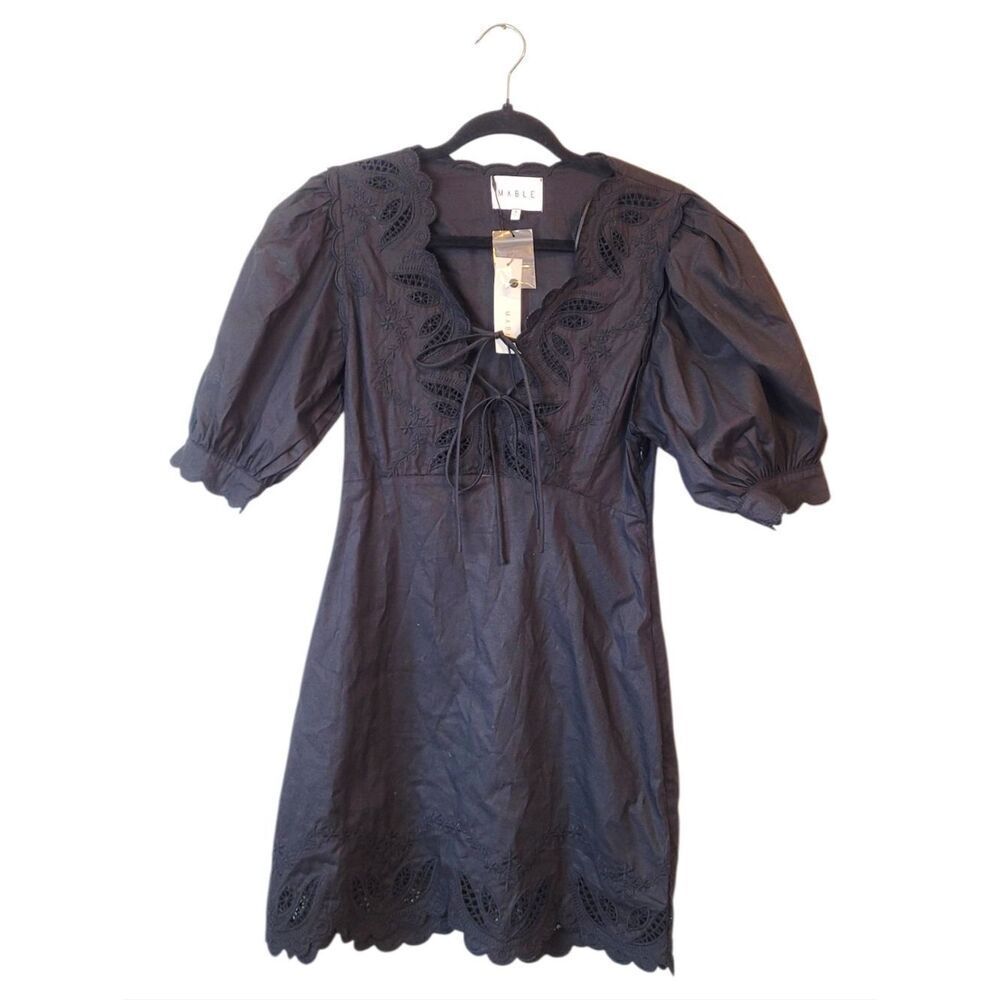 MABLE Black Eyelet Tie-Front Puff Sleeve Mini Dress Size S NWT